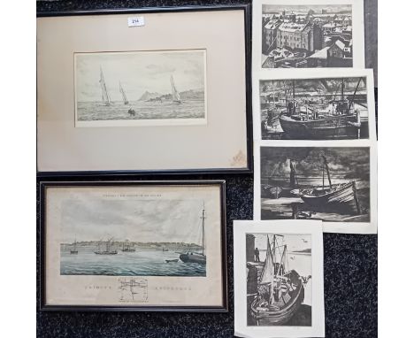 3 Artworks;Rowland Longmaid - Original etching titled ''Holy iSland, Arran''.Jobbins & Cheffins - Coloured engraving ''Projec