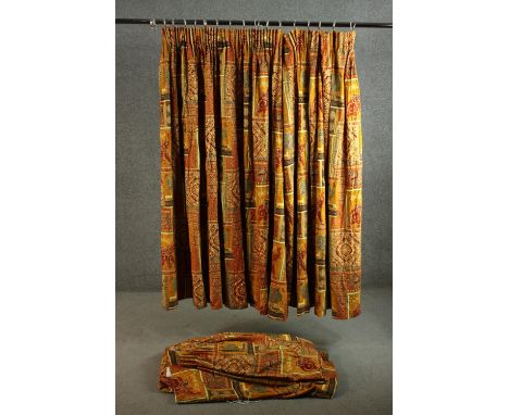 Three fully lined silk mix tribal design curtains with elephant motifs. H.160 W.380cm. 