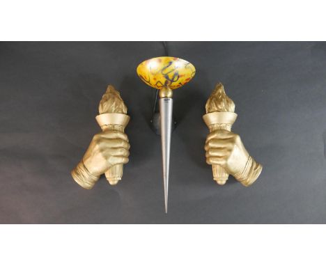 Herstal, Denmark, a circa 1980's wall light, with a polychrome shade, and a tapering body, together with a pair of gold paint