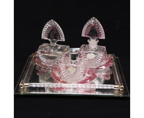 Mirrored glass dressing table Art Deco tray with glass Deco perfume bottles, clear and ruby glass