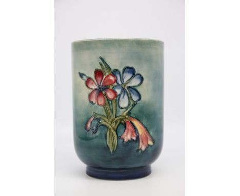 Moorcroft Spring Flowers Planter, 18cms high approx, Moorcroft and Made in England impressed marks, blue Walter Moorcroft sig