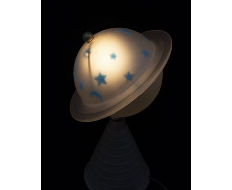 1930s Art Deco glass table lamp, Saturn design on axis with blue stars and moons, sitting on a ribbed glass cone. This was pr