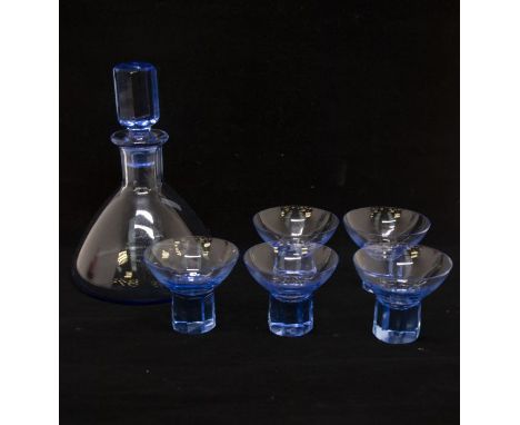 Mazolay blue glass decanter and five stylish bowl shaped glasses