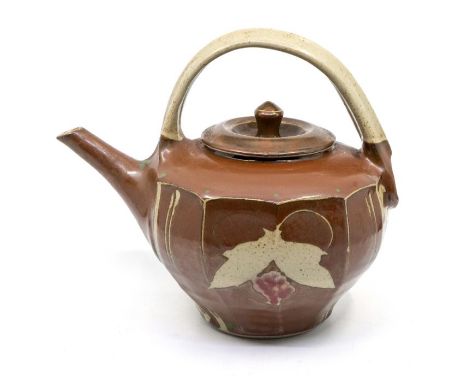 Derek Emms teapot brown glaze with wax resist decoration and red and green enamel decoration. Height approx 21.5cm. No signs 