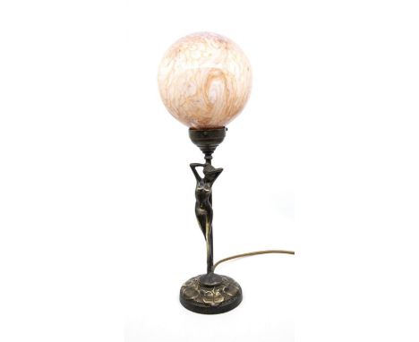 Art Deco style table lamp depicting nude female figure on base with leaf decoration. Signed Moreau. Height approx 30cm minus 