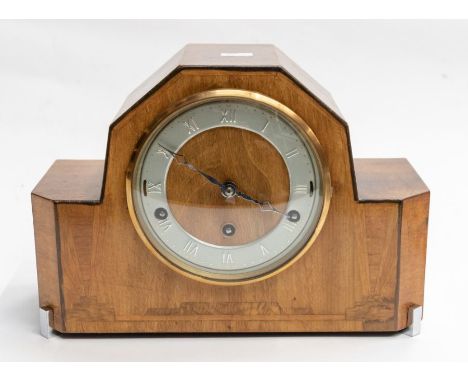 Art Deco style mantle clock, walnut inlaid case, chrome feet to base, three train movement, chiming on gongs, 6" two piece di
