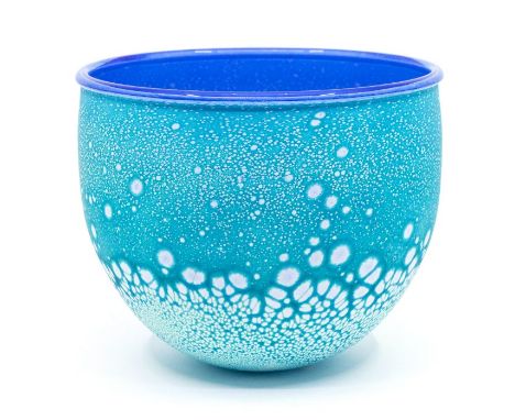 Malcolm Sutcliffe studio glass bowl turquoise and white decoration over a blue ground. Diameter approx 15cm, height approx 12