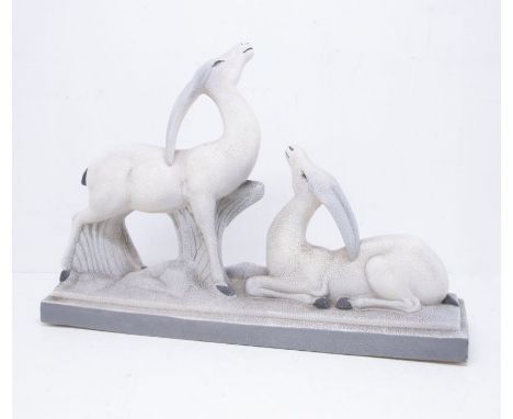 1930s French ceramic figure of two antelope signed to front