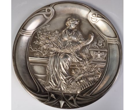 A 19th Century German WMF made silver plated / silver plate art nouveau charger plate having a central depicting of a classic