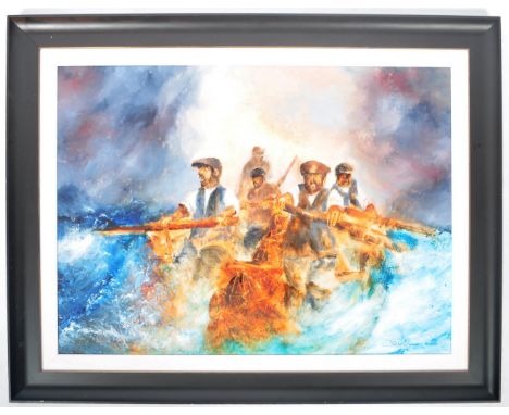 David Chambers (1946-present) - English Artist - A large oil on board seascape painting depicting early 20th Century fishing 