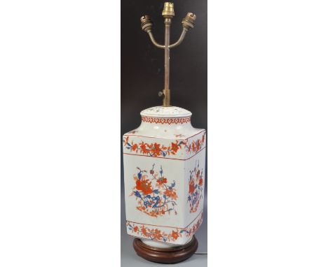 A large 18th Century Chinese Imari vase / jar of square form having hand painted Imari decoration with deep red &amp; blue bo