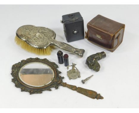 MISCELLANEOUS. Miscellaneous items including a hand mirror, a cast brass dog cane handle, an Art Nouveau silver mounted hairb