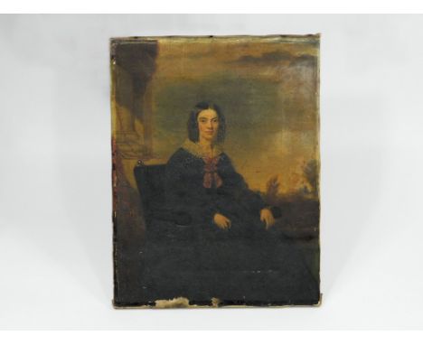 VICTORIAN PORTRAIT. A Victorian portrait oil on canvas, seated lady. Unsigned. 40 x 36cm.  Please note that all items in this