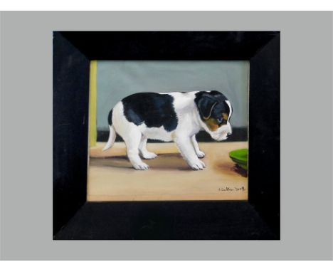 HELEN CUTLER (DEVON). Portrait of a Puppy. Oil on canvas. Signed & dated 2008. 37 x 43cm.  Please note that all items in this