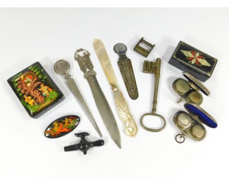 MISCELLANEOUS. Miscellaneous items including a Russian hand painted lacquered box & similar brooch, a 19th century papier mac
