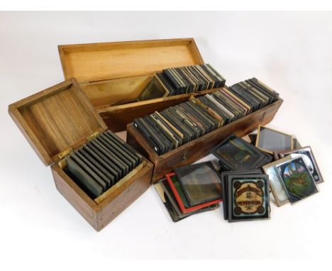 LANTERN SLIDES. Approximately 200 glass lantern slides. Including topographical, maritime, comical, historical portraits from