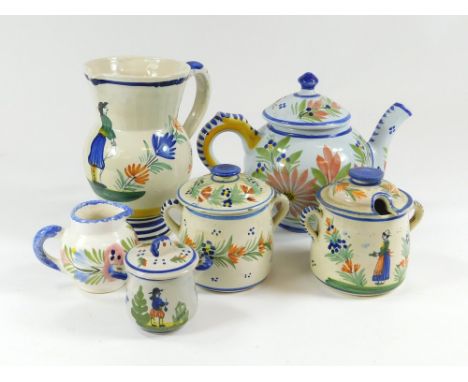 QUIMPER POTTERY. Six pieces of Quimper pottery, some with hand painted mark, Henriot Quimper France.  Please note that all it