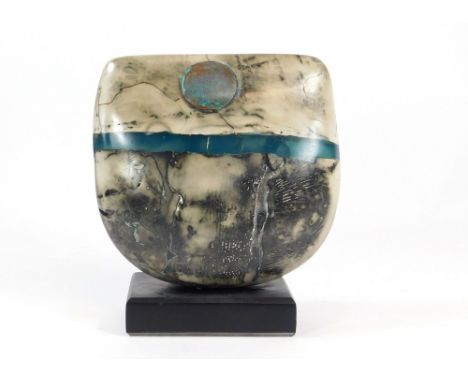 PETER HAYES. A Peter Hayes Bow Form, raku fired stoneware, with blue resin inlay & copper disc, on slate plinth. Height 25cm,