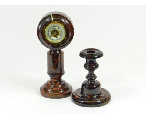 CORNISH SERPENTINE. An antique red, turned Cornish Serpentine column barometer, height 24cm. Also, a single antique red Corni