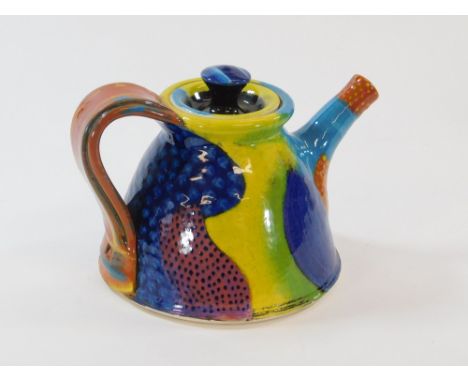 JOHN POLLEX. A painted slipware teapot by John Pollex. Impressed mark. Height 16cm.  Please note that all items in this aucti
