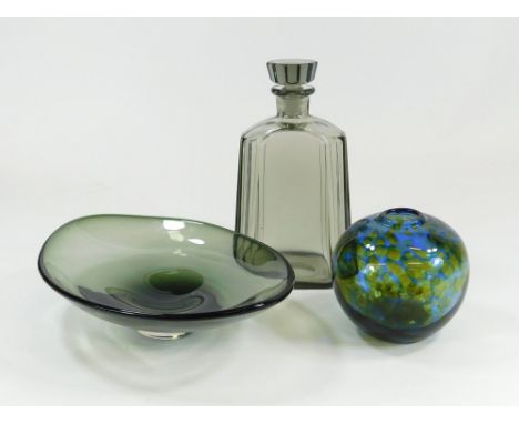 MODERN GLASS. Three pieces of modern glass: a Whitefriars elliptical bowl, width 26cm; an Orrefors smoky glass decanter & sto