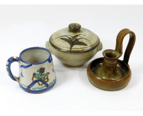 DAVID LEACH ETC. A Lowerdown Pottery lidded bowl decorated by David Leach, diameter 14cm, a Tintagel Pottery mug & a Bolingey