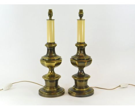 VINTAGE TABLE LAMPS. A pair of tall cast brass table lamps fitted with celluloid 'candles'. One lamp with modern re-wiring. E