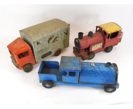 TRI-ANG TOYS. A Tri-ang large-scale pressed metal Puf-Puf. Also, a Tri-ang transport van No.200 & a blue Tri-ang express trai