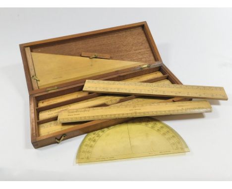 MARQUOIS SET. A Marquois set by Cary of London in mahogany box containing 6 Engine Divided rules, all named for R.F.E. STONEY