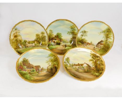 ROYAL WORCESTER. Five Royal Worcester cabinet plates including Welford on Avon, Offenham, Sulgrave Manor, Mary Arden's House 