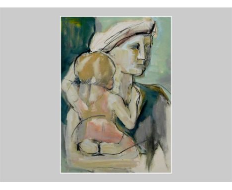 AMENDMENT: SUE HALLIDAY (NOT SHEILA OLINER.    An untitled, mixed media sketch on canvas, Mother and Child. Unsigned, 70 x 50