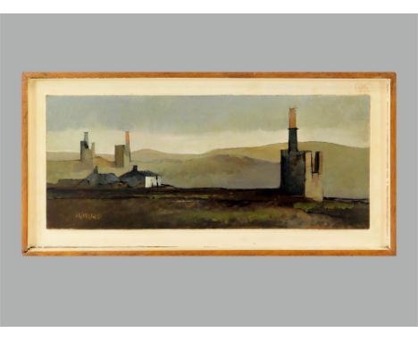 MICHAEL PRAED. 'Three Mine Engine Houses'. Oil on board. Scratch-signed. Signed & titled to the reverse. 19 x 46cm.  Please n