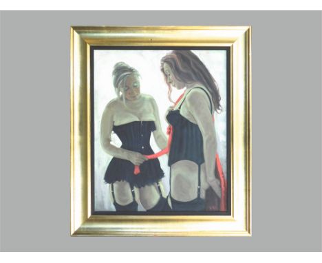 SHEILA TIFFIN. Self portrait in corset, with friend. Oil on canvas. Signed. 59 x 49cm.  Please note that all items in this au