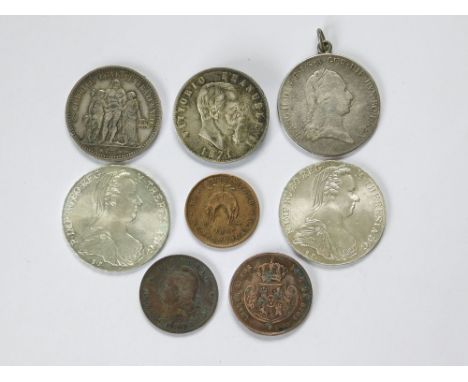 MISCELLANEOUS COINS ETC. Two Maria Theresa thalers; French 1849 5 francs; Franz II Austria/Netherlands 1796 kronethaler( (wit