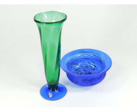 ORREFORS ETC. An Orrefors green & blue trumpet vase, height 23.5cm. Also, a Studio Glass bowl by Martin Andrews of Stourbridg