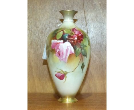 A Royal Worcester vase of ovoid shape, with painted rose decoration, signed F J Bray, 16cm high, green printed factory mark, 