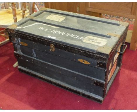 A vintage F P Baker &amp; Co. Ltd military trunk, in painted wood with zinc lining, bears label to interior, 92cm wide, 50cm 