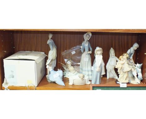 A collection of four Nao figures, including 'Listening to bird song' no. 1042, boxed, 'A basket for two' no. 1416, 'Young gir