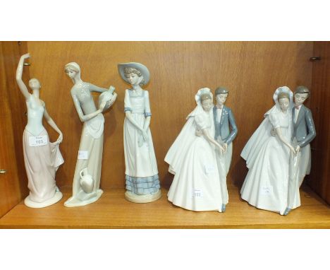 A collection of five Nao figurines, including 'Bride and Groom, Dancing', x2, 'Young Woman Dancer', 'Young woman wearing a bo
