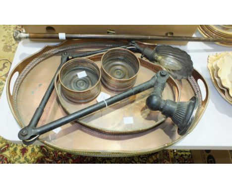 A vintage metal angle-poise wall lamp with tin shell-shaped shade, two copper galleried trays and a pair of coasters, various