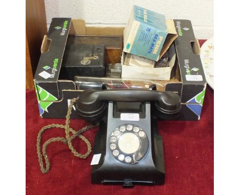 A black Bakelite telephone, no. 332 C55/2A on base, Richter Anchor Bricks Set 2A, a bagatelle board and other collectables.