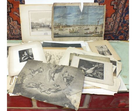 A folio of 19th century and later coloured and monochrome engravings and a small collection of framed engravings and prints.