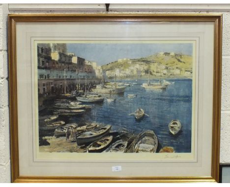 After Edward Seago, 'Port of Ponzo', a coloured print, signed in margin, embossed Trade Guild stamp, 50 x 66cm, Pub. Frost &a