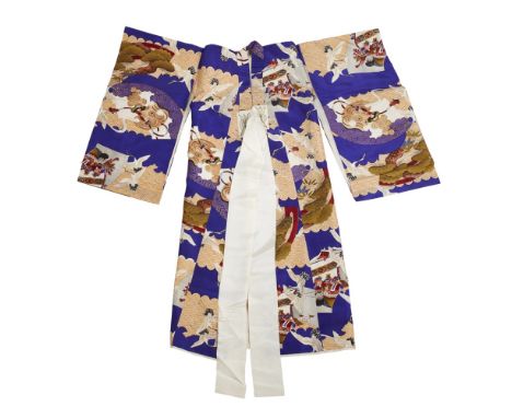 JAPANESE SILK KIMONO WITH OKINA NOH MASKS  20TH CENTURY  silk, with separate, unrelated silk kimono sash with a design of Noh