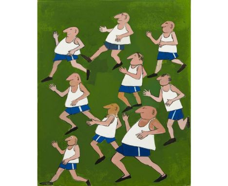JOHN BURNINGHAM (B. 1936)  R r RUNNERS   Mixed media, framed, signed on label verso  49cm x 40cm (19in x 15.75in) Note: The o