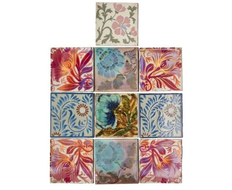 FOUR RUBY LUSTRE TILES BY J.C. EDWARDS  LATE 19TH CENTURY  each painted with flowering foliage, moulded maker's marks; TWO WE