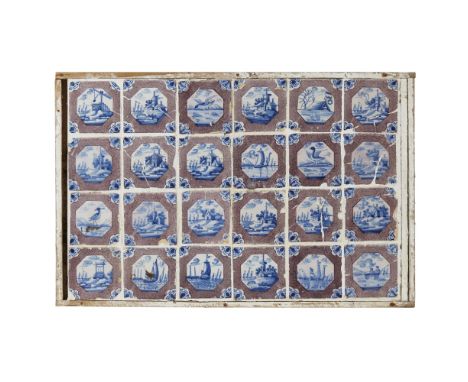 FRAMED PANEL OF DUTCH DELFTWARE TILES  18TH CENTURY   each decorated in blue and manganese purple (24)  89.5cm x 61cm