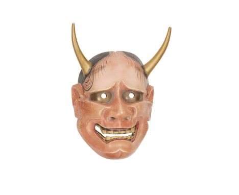 NOHSHIN TANAKA  JAPANESE NOH MASK OF HANNYA, 20TH CENTURY   hinoki wood, gesso, paint, seal mark on reverse, with fabric pouc