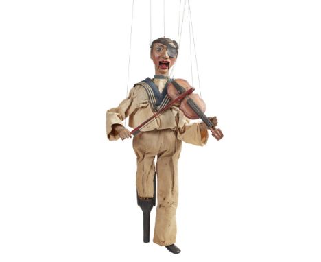 TILLER-CLOWES FAMILY TROUPE  ENGLISH MARIONETTE OF A SAILOR FIDDLER, LATE 19TH CENTURY   painted wood and fabric  70cm x 18cm