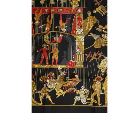 ANNIE FAIVRE FOR HERMES  'LE TEMPS DES MARIONETTES' SILK SCARF   Black and gold, in original box, with depictions of acrobats